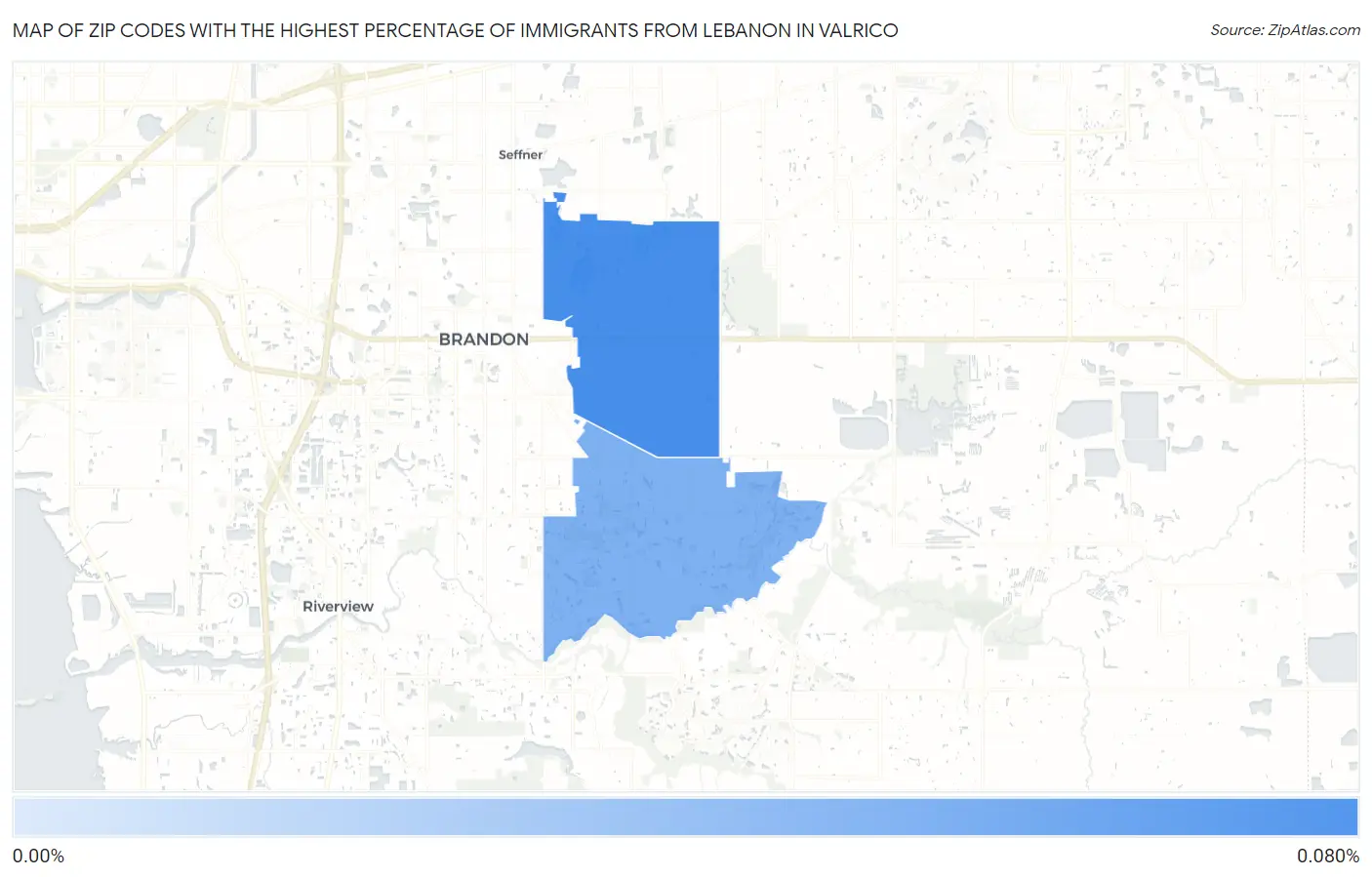 Zip Codes with the Highest Percentage of Immigrants from Lebanon in Valrico Map