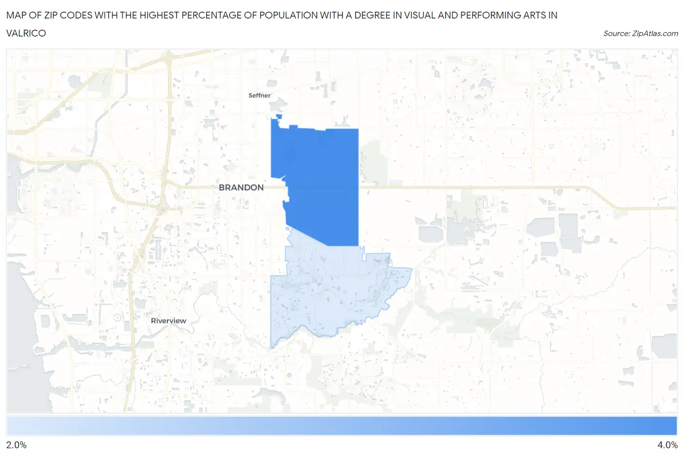 Zip Codes with the Highest Percentage of Population with a Degree in Visual and Performing Arts in Valrico Map