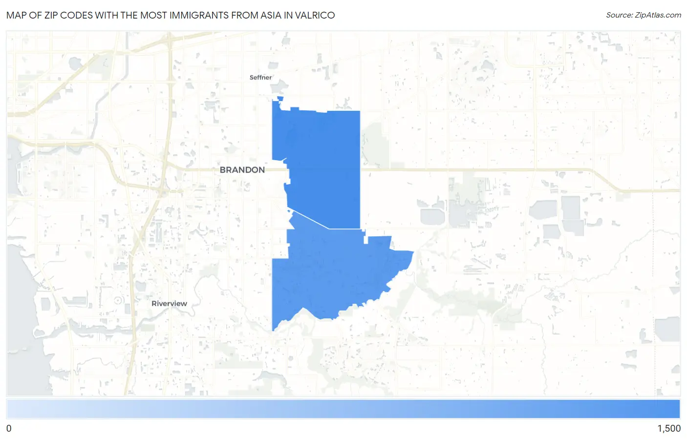 Zip Codes with the Most Immigrants from Asia in Valrico Map