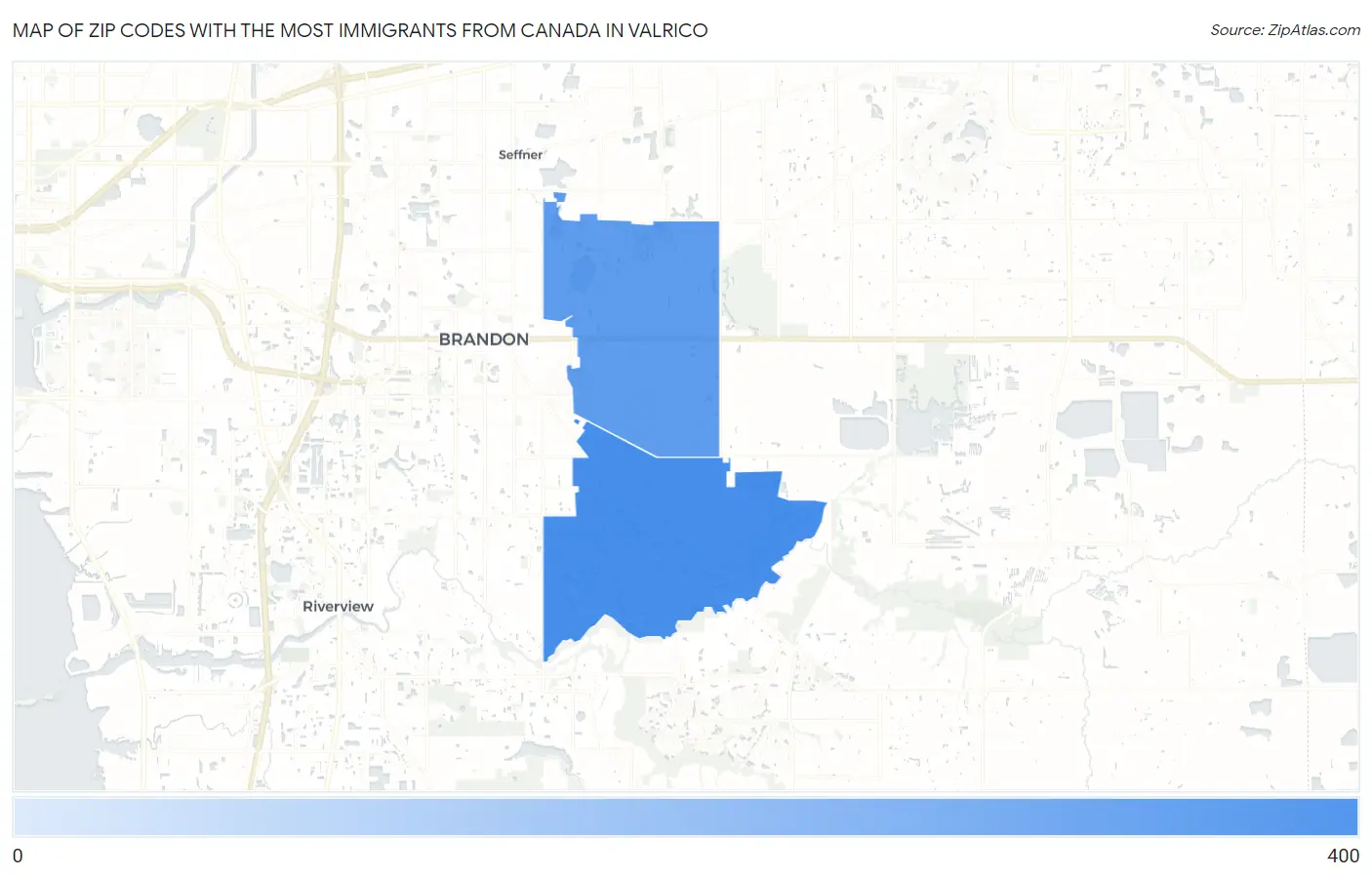 Zip Codes with the Most Immigrants from Canada in Valrico Map