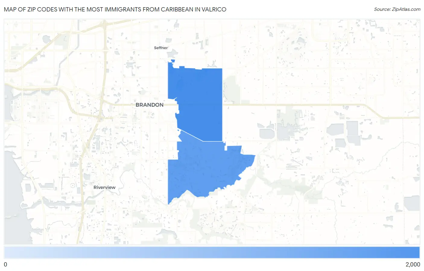 Zip Codes with the Most Immigrants from Caribbean in Valrico Map
