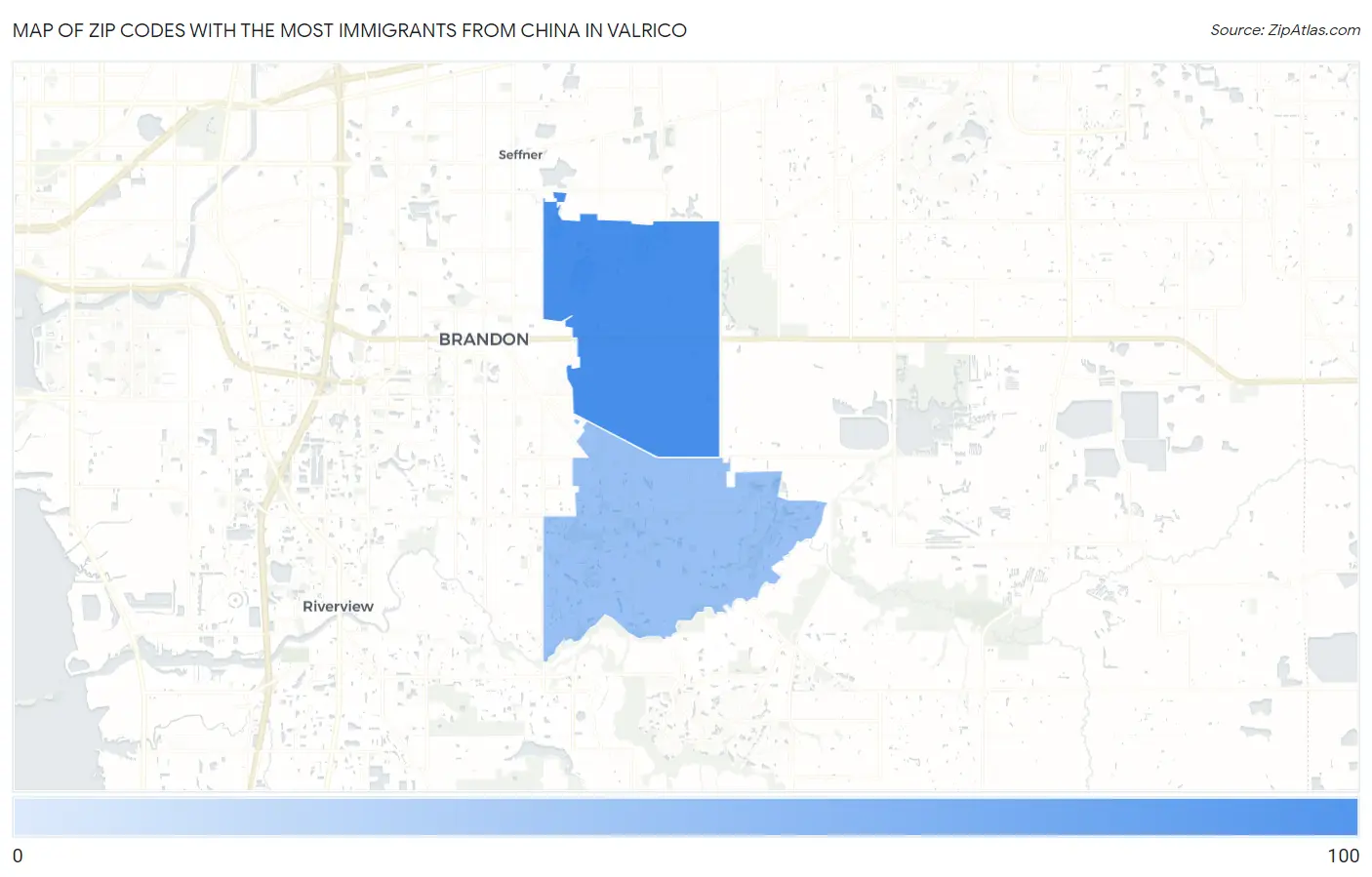 Zip Codes with the Most Immigrants from China in Valrico Map
