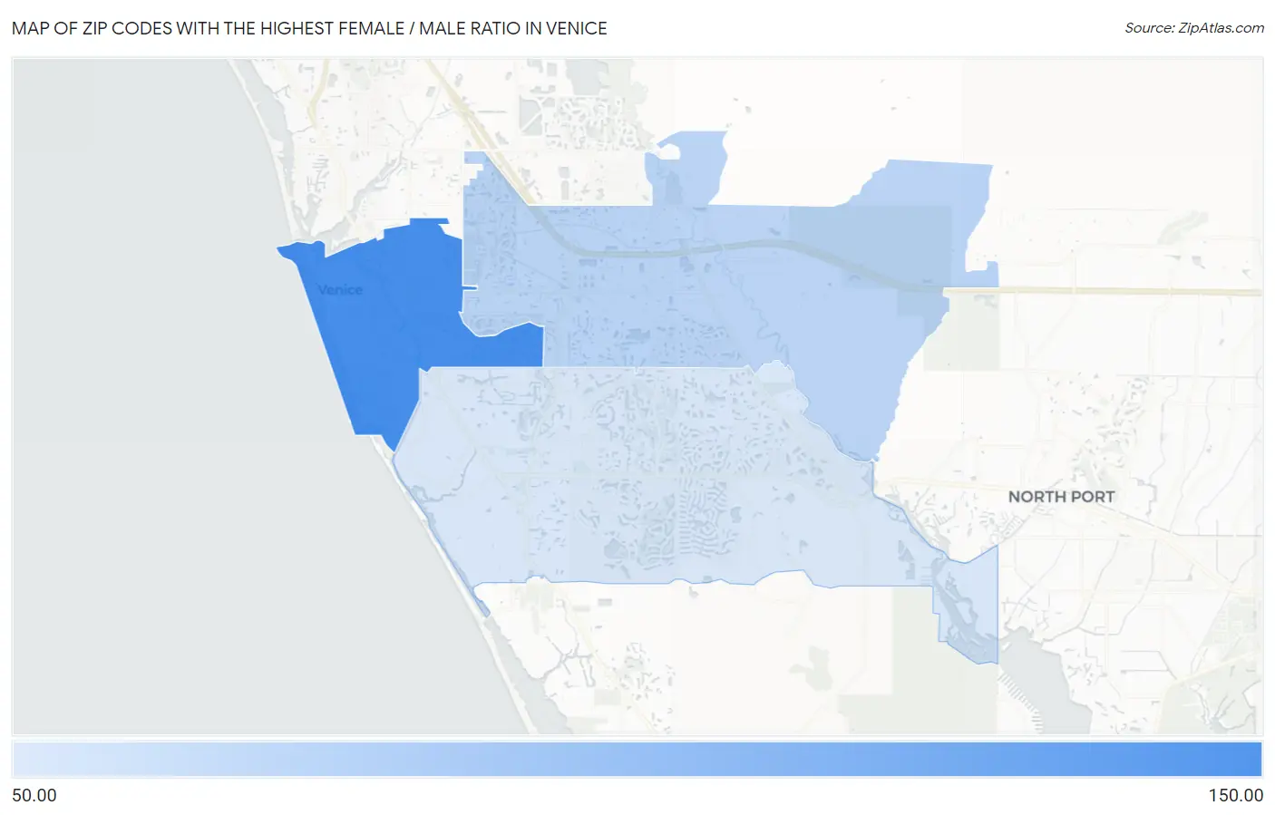 Zip Codes with the Highest Female / Male Ratio in Venice Map