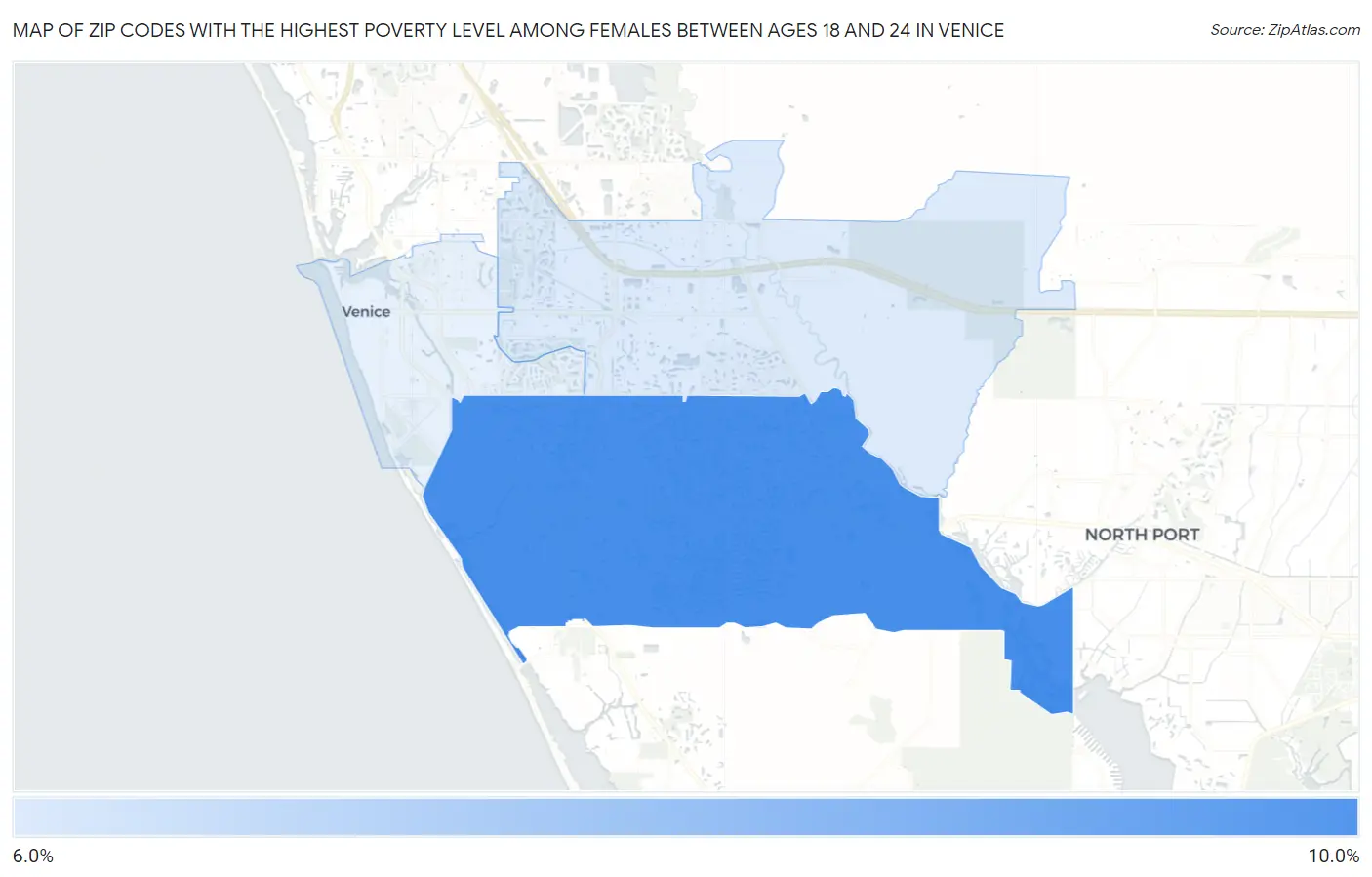 Zip Codes with the Highest Poverty Level Among Females Between Ages 18 and 24 in Venice Map