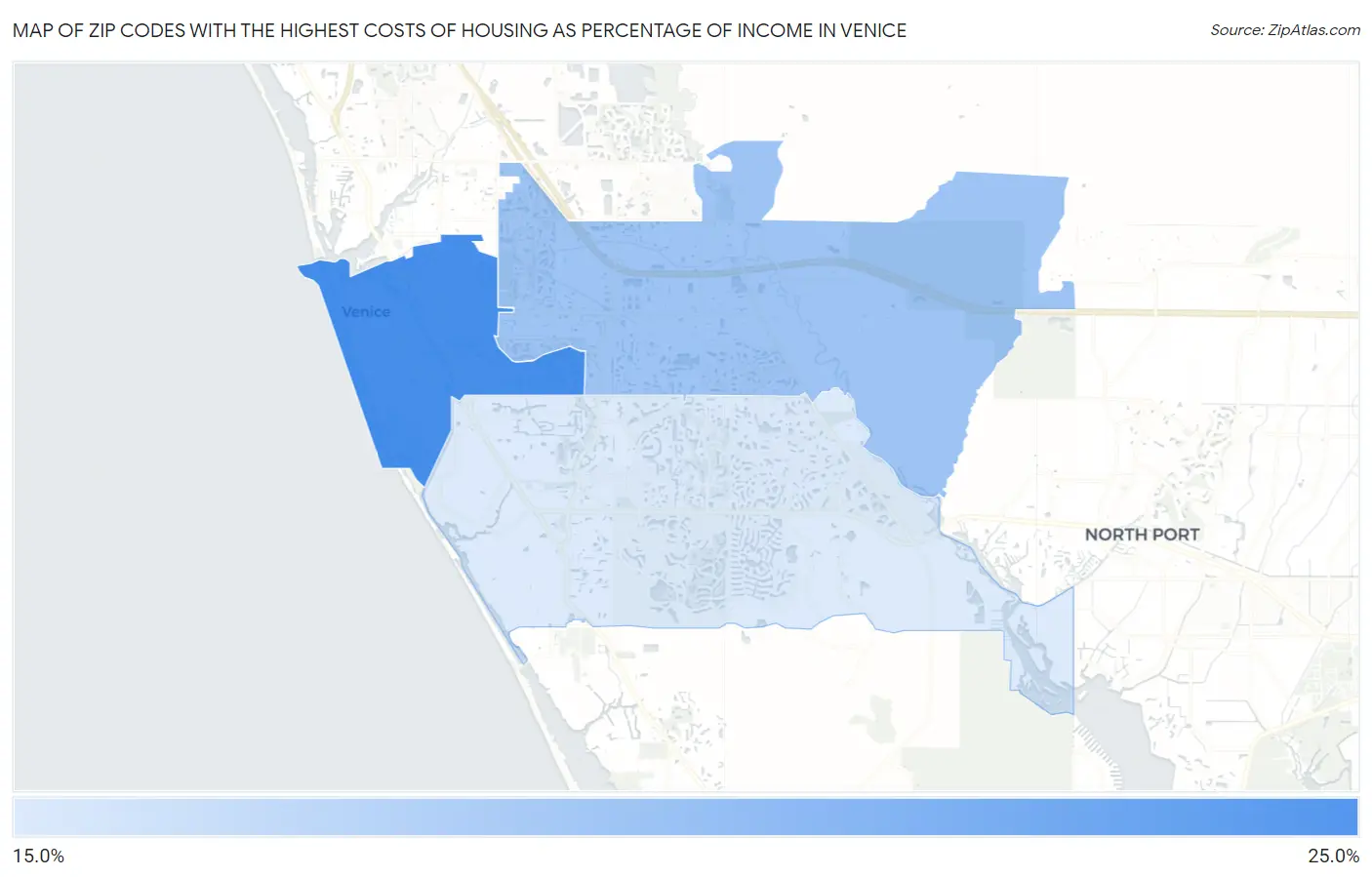 Zip Codes with the Highest Costs of Housing as Percentage of Income in Venice Map