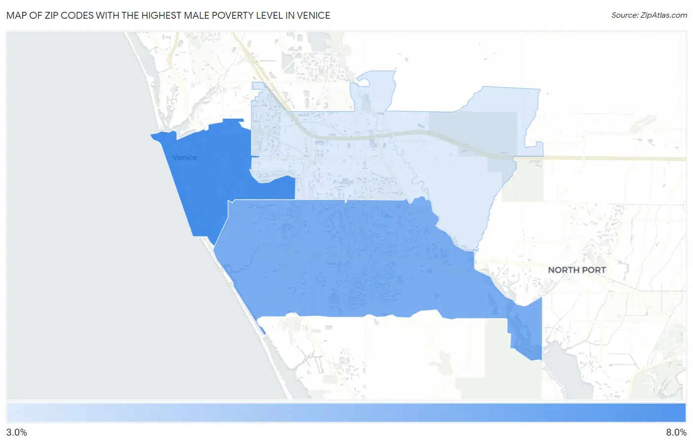 Zip Codes with the Highest Male Poverty Level in Venice Map