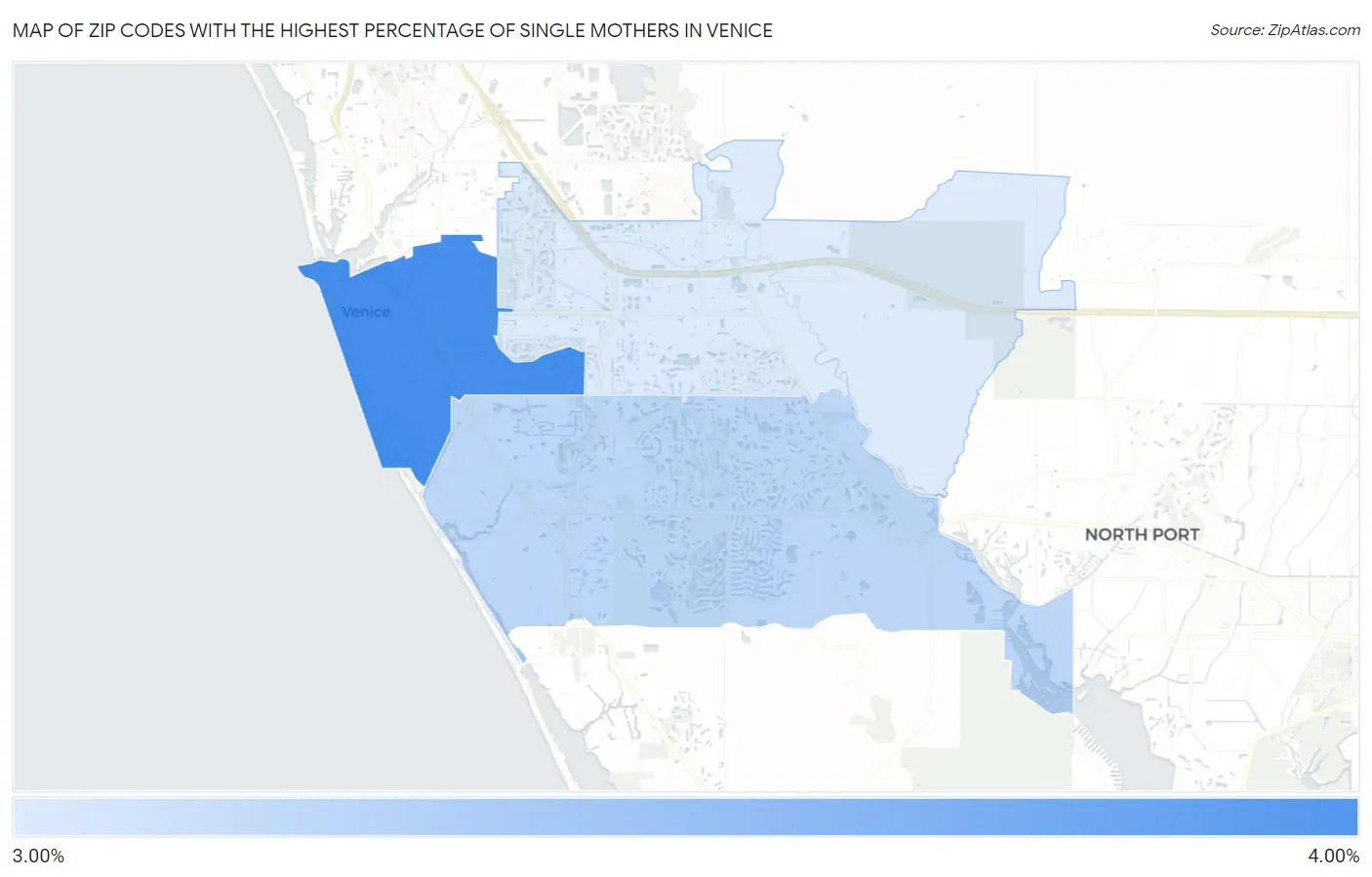 Zip Codes with the Highest Percentage of Single Mothers in Venice Map