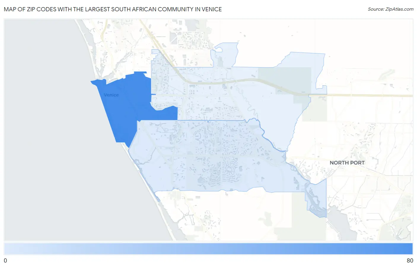 Zip Codes with the Largest South African Community in Venice Map