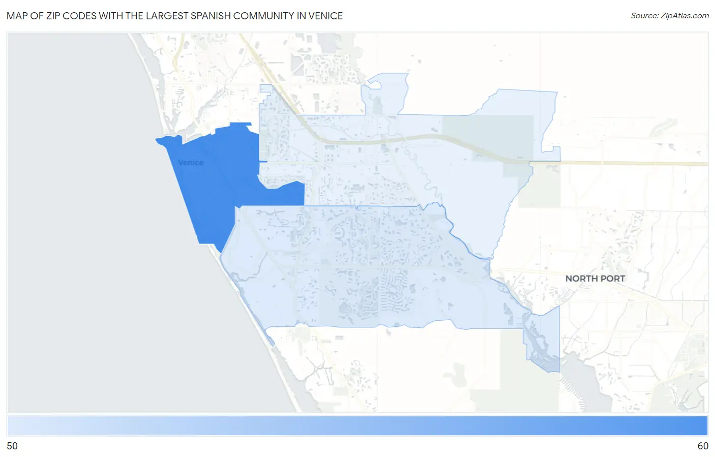 Zip Codes with the Largest Spanish Community in Venice Map