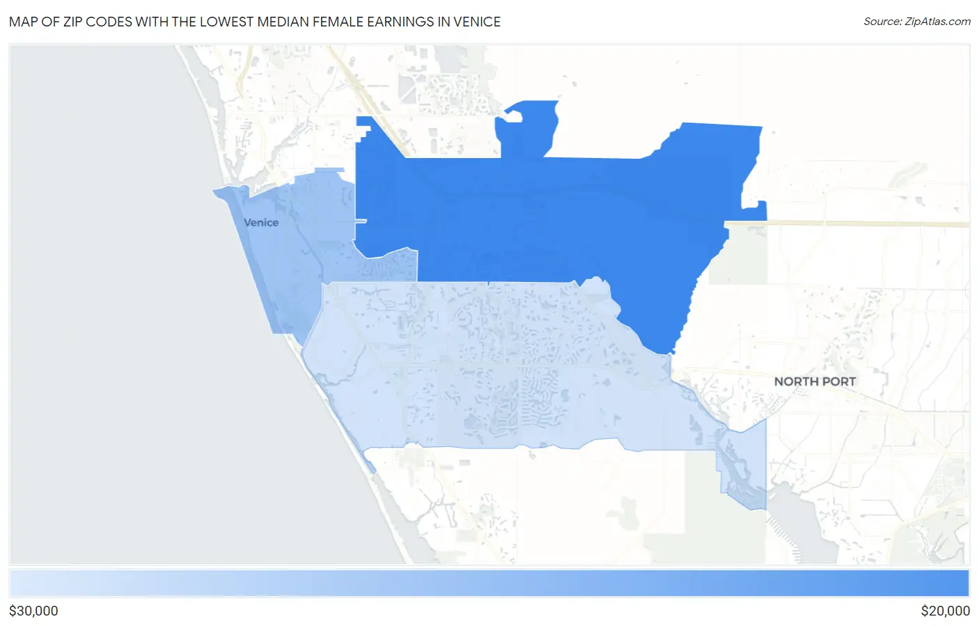 Zip Codes with the Lowest Median Female Earnings in Venice Map