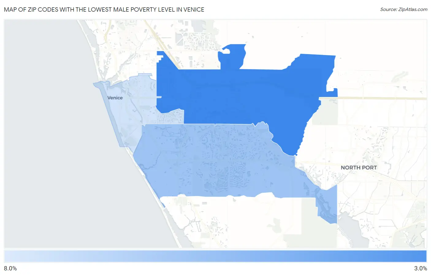 Zip Codes with the Lowest Male Poverty Level in Venice Map