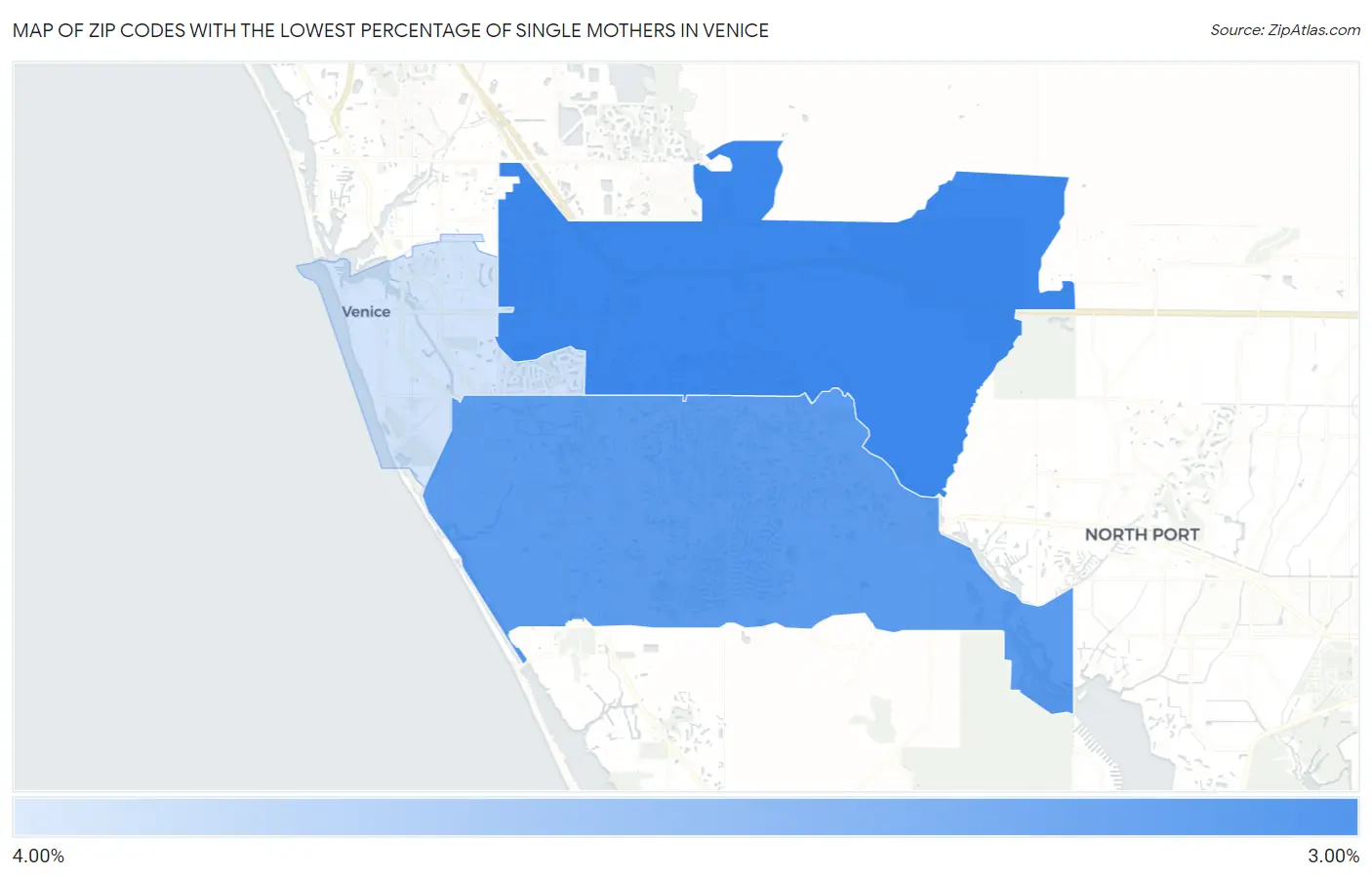 Zip Codes with the Lowest Percentage of Single Mothers in Venice Map