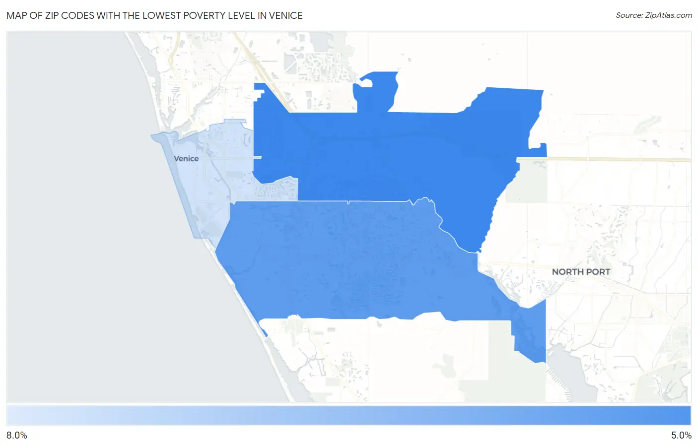 Zip Codes with the Lowest Poverty Level in Venice Map