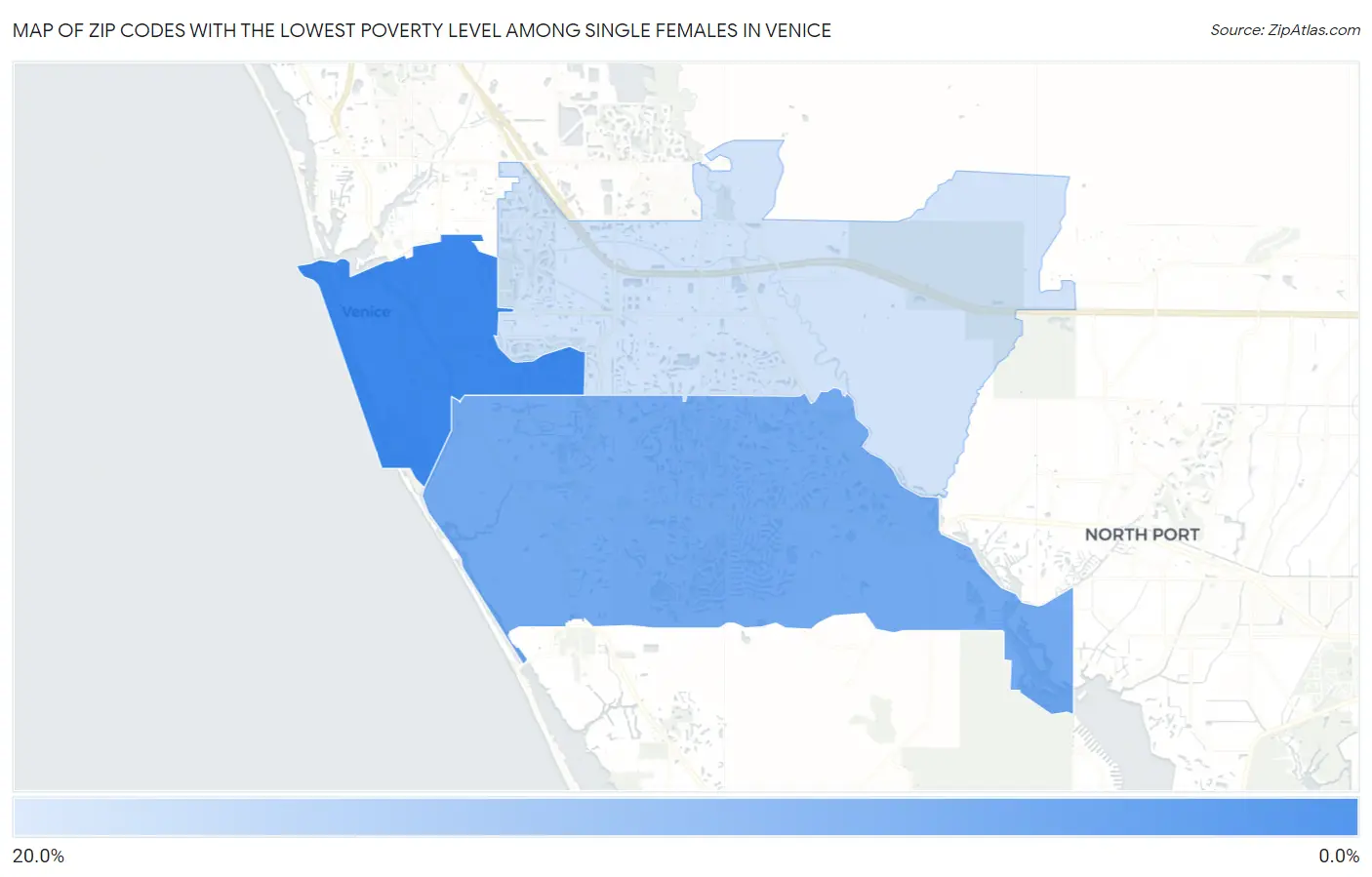Zip Codes with the Lowest Poverty Level Among Single Females in Venice Map