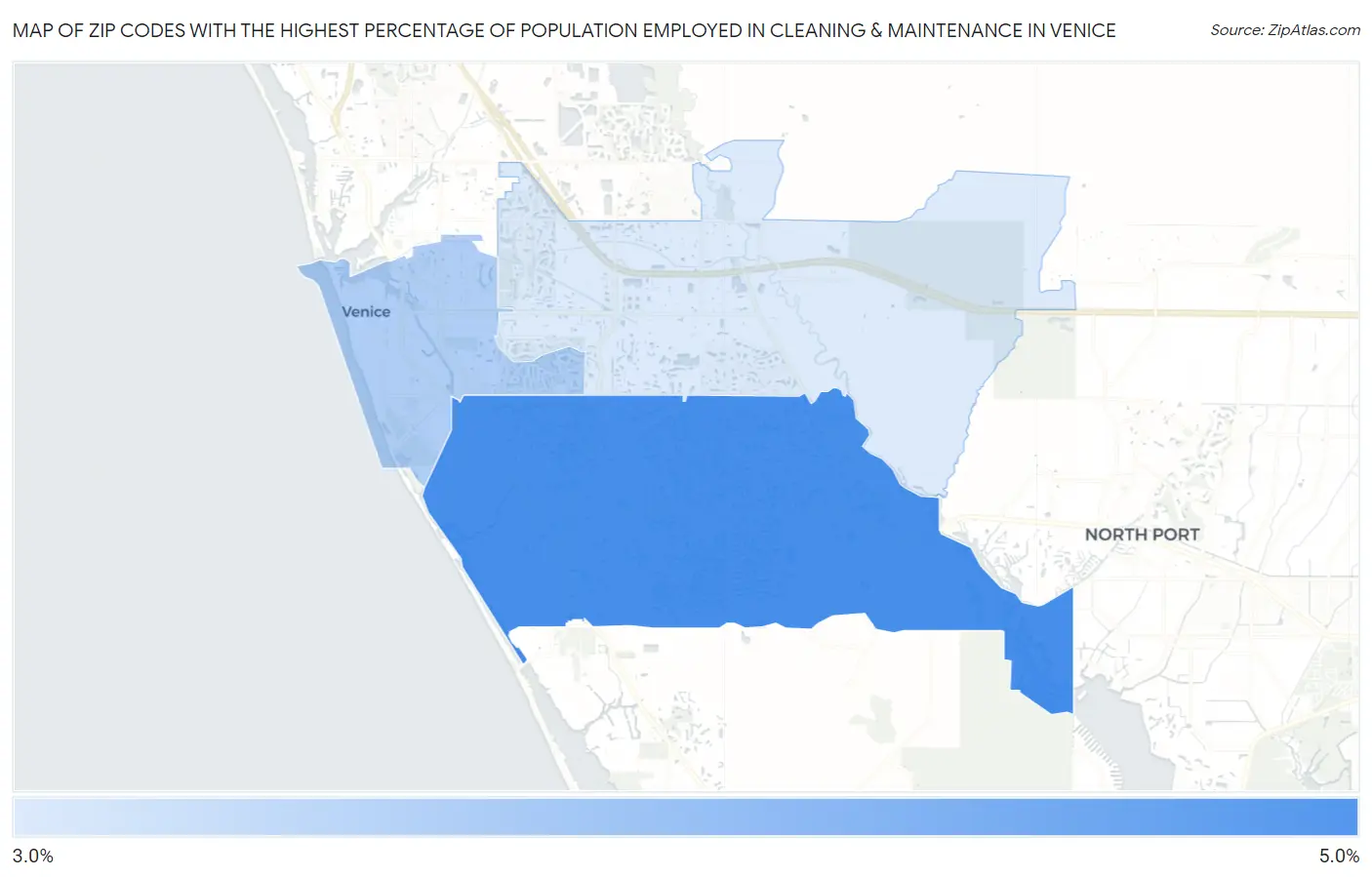 Zip Codes with the Highest Percentage of Population Employed in Cleaning & Maintenance in Venice Map