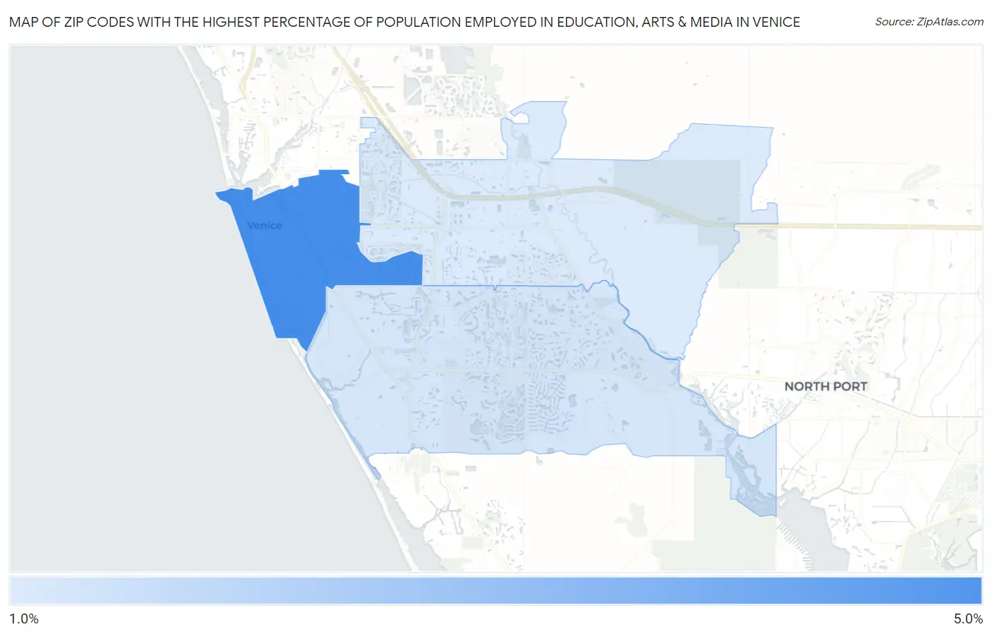 Zip Codes with the Highest Percentage of Population Employed in Education, Arts & Media in Venice Map