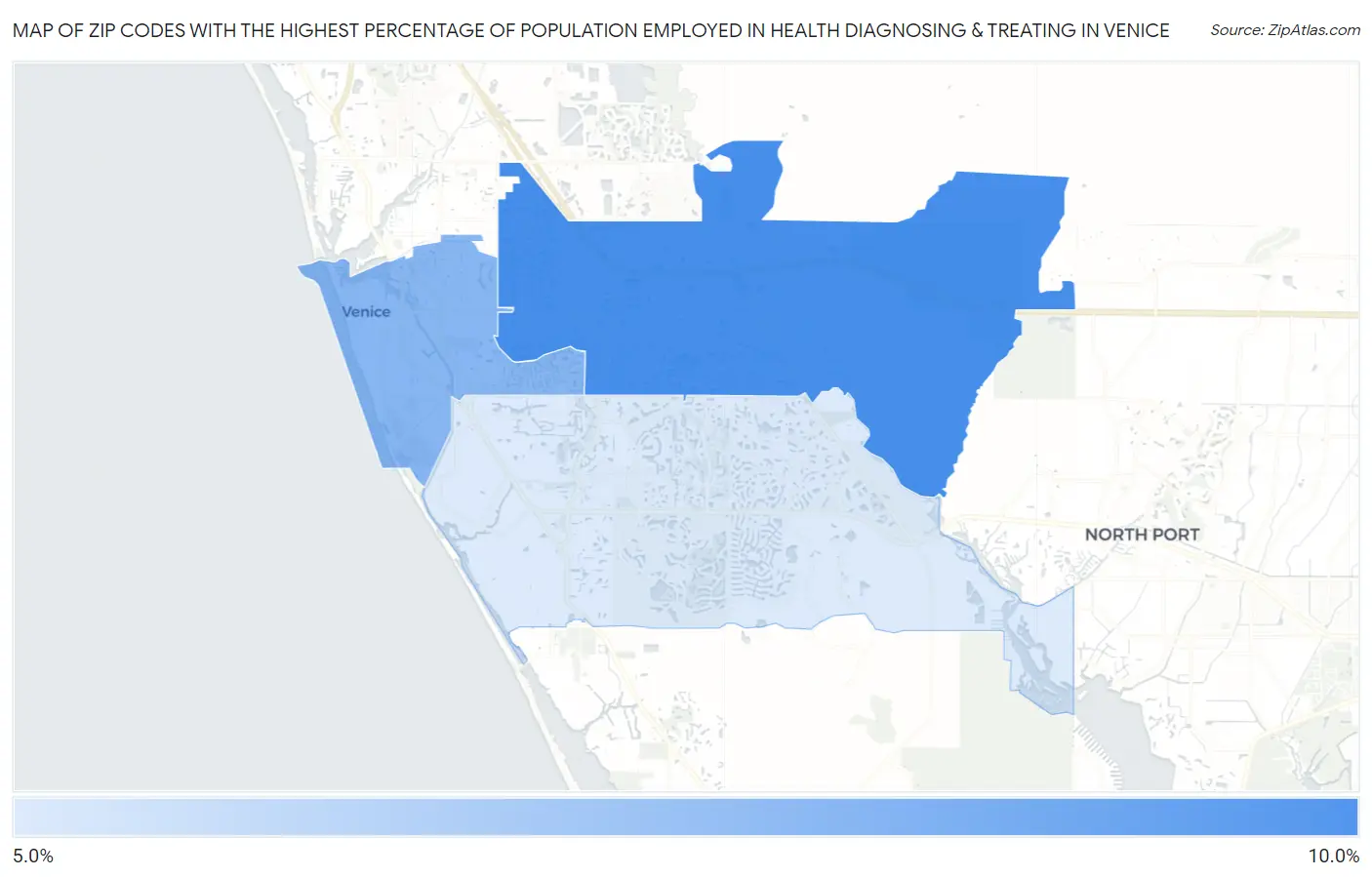 Zip Codes with the Highest Percentage of Population Employed in Health Diagnosing & Treating in Venice Map