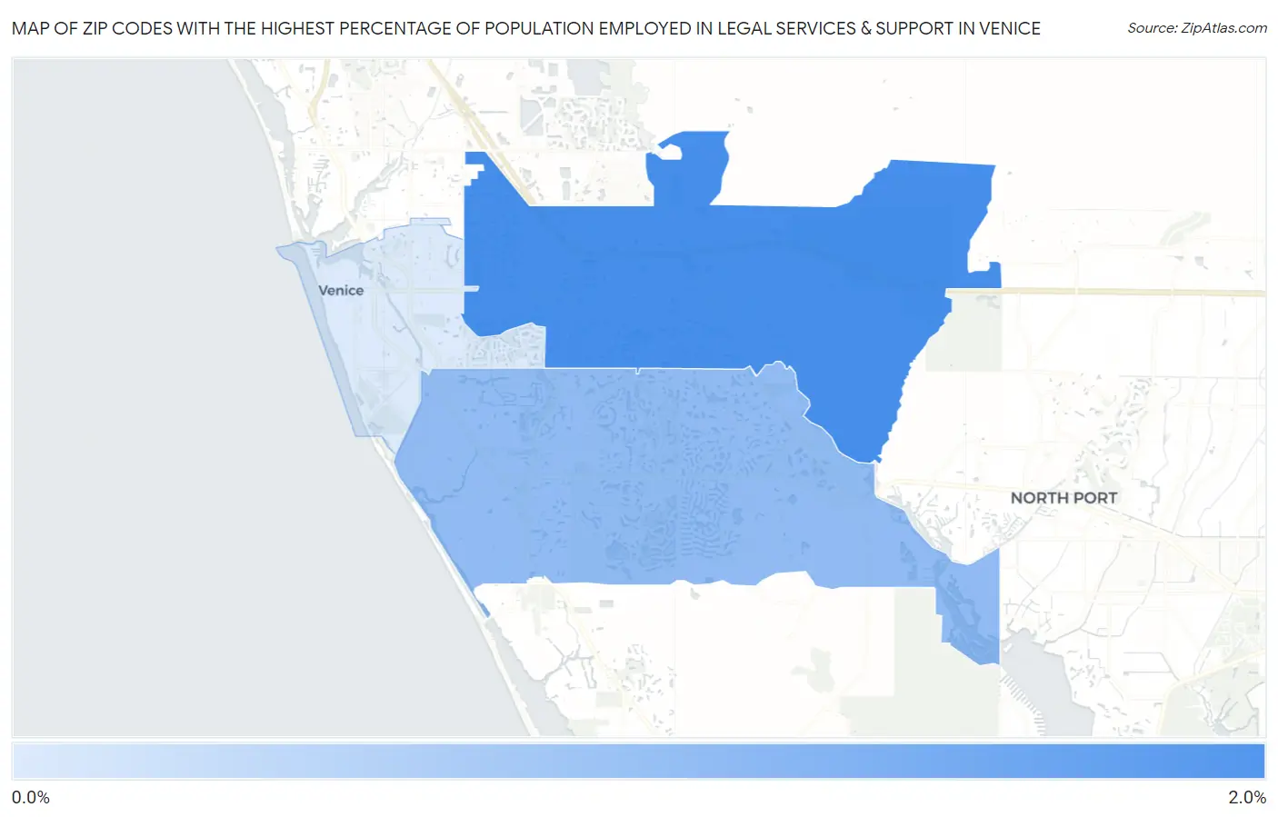 Zip Codes with the Highest Percentage of Population Employed in Legal Services & Support in Venice Map