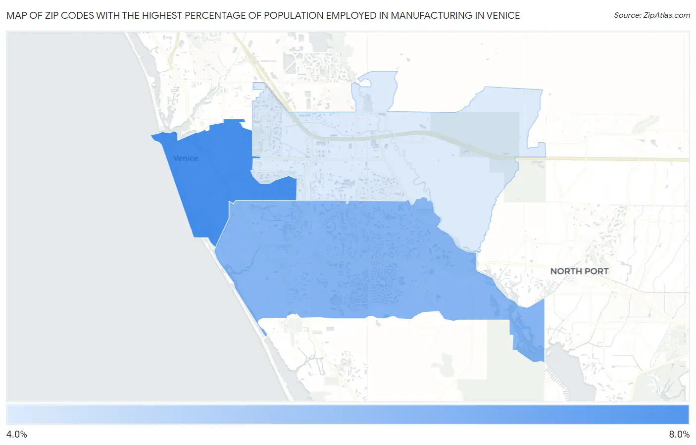 Zip Codes with the Highest Percentage of Population Employed in Manufacturing in Venice Map
