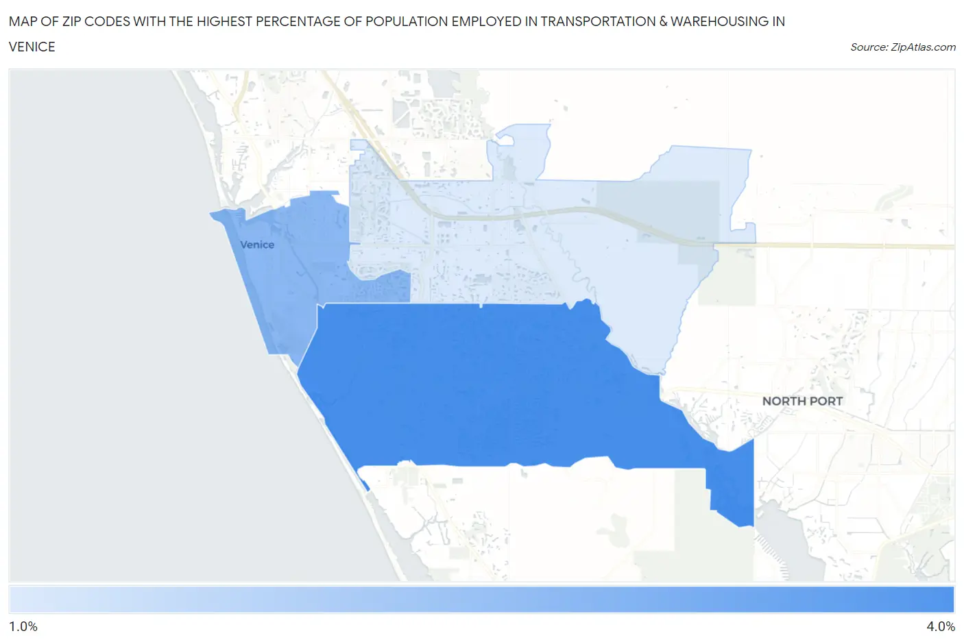Zip Codes with the Highest Percentage of Population Employed in Transportation & Warehousing in Venice Map