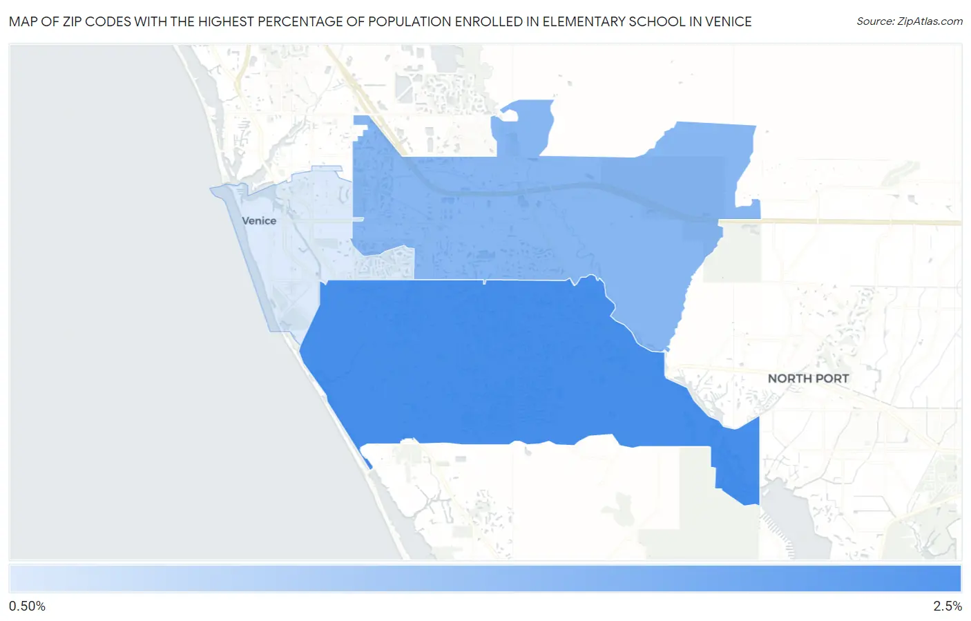 Zip Codes with the Highest Percentage of Population Enrolled in Elementary School in Venice Map