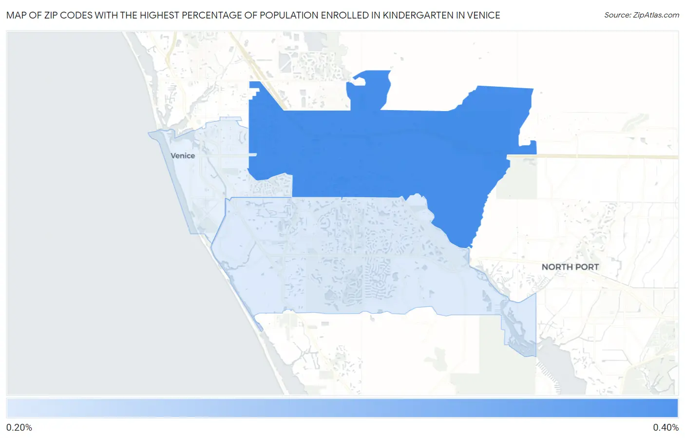 Zip Codes with the Highest Percentage of Population Enrolled in Kindergarten in Venice Map