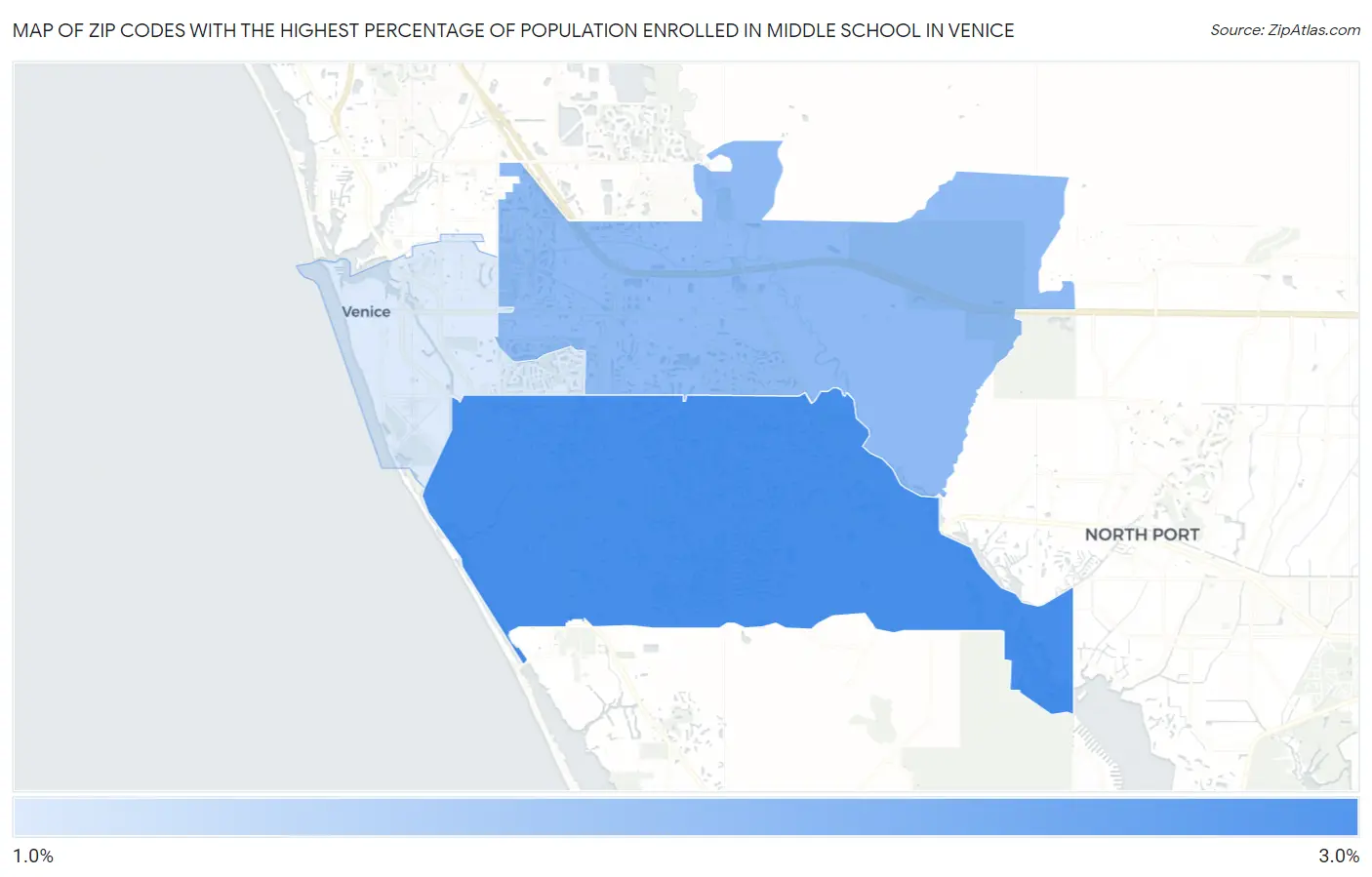 Zip Codes with the Highest Percentage of Population Enrolled in Middle School in Venice Map