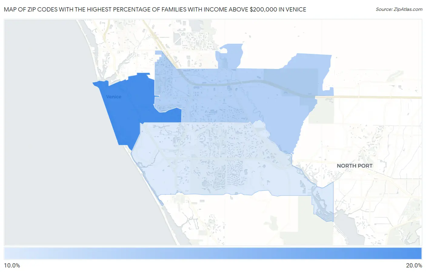 Zip Codes with the Highest Percentage of Families with Income Above $200,000 in Venice Map