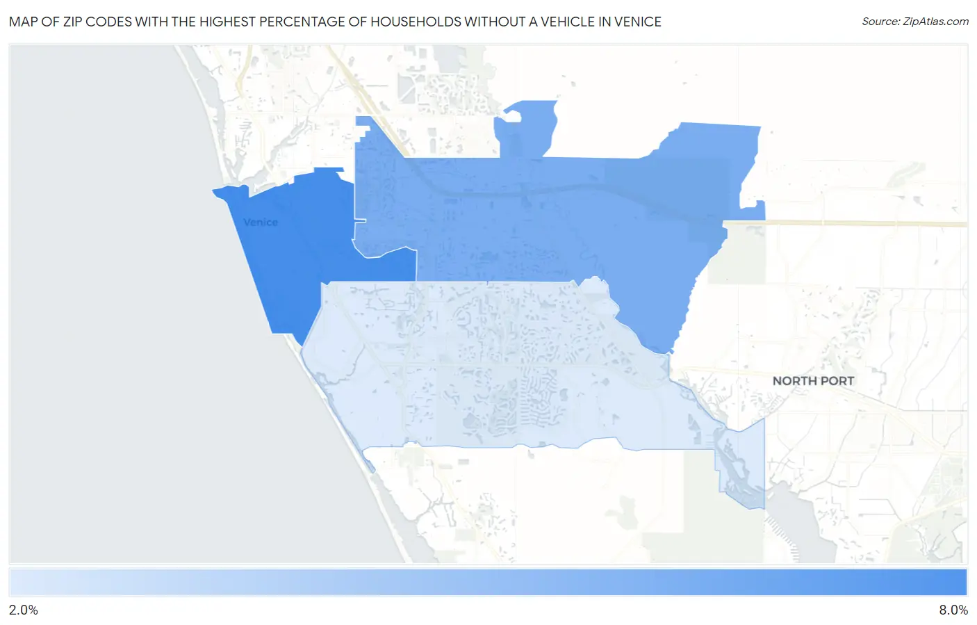 Zip Codes with the Highest Percentage of Households Without a Vehicle in Venice Map