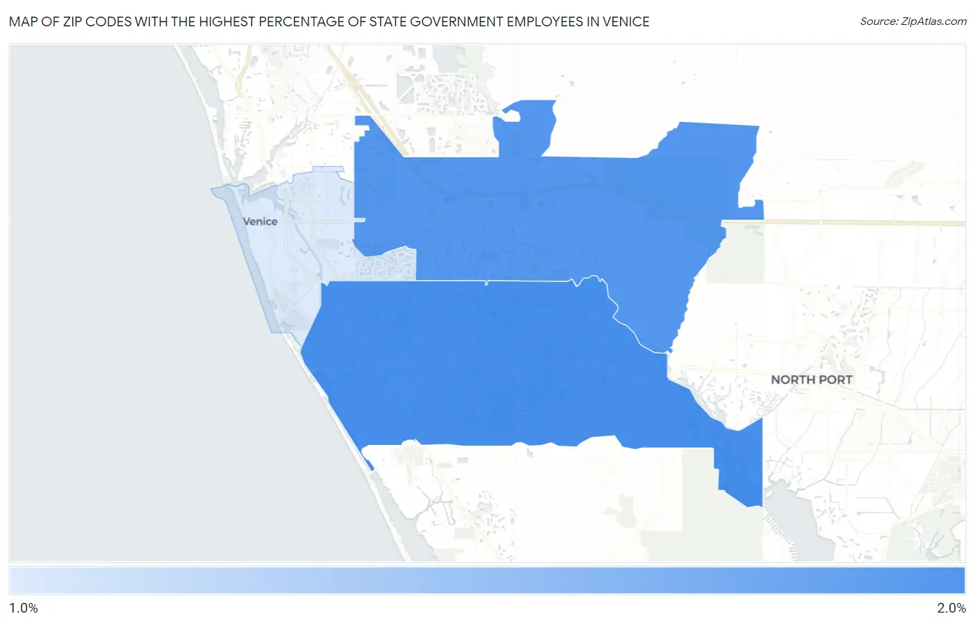 Zip Codes with the Highest Percentage of State Government Employees in Venice Map