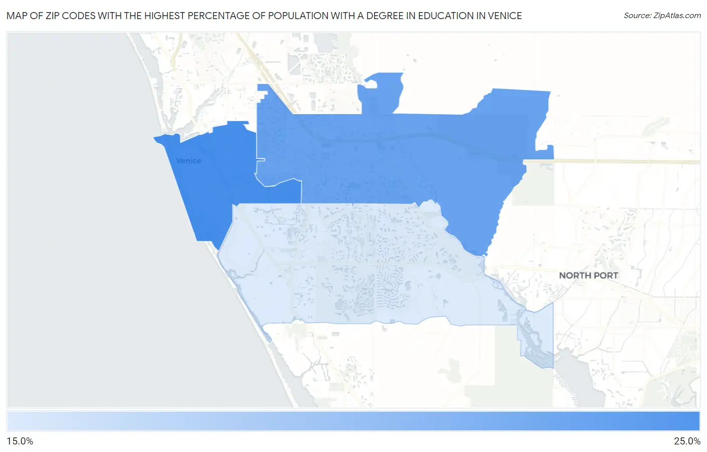 Zip Codes with the Highest Percentage of Population with a Degree in Education in Venice Map