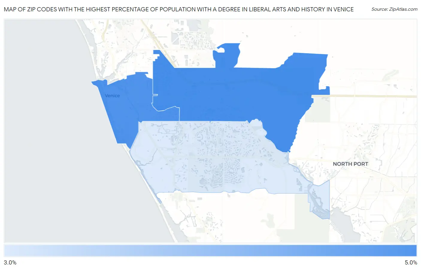 Zip Codes with the Highest Percentage of Population with a Degree in Liberal Arts and History in Venice Map