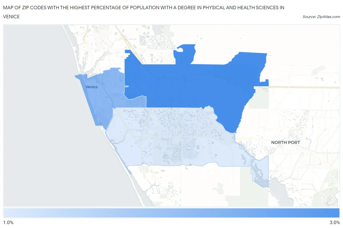 Zip Codes with the Highest Percentage of Population with a Degree in Physical and Health Sciences in Venice Map