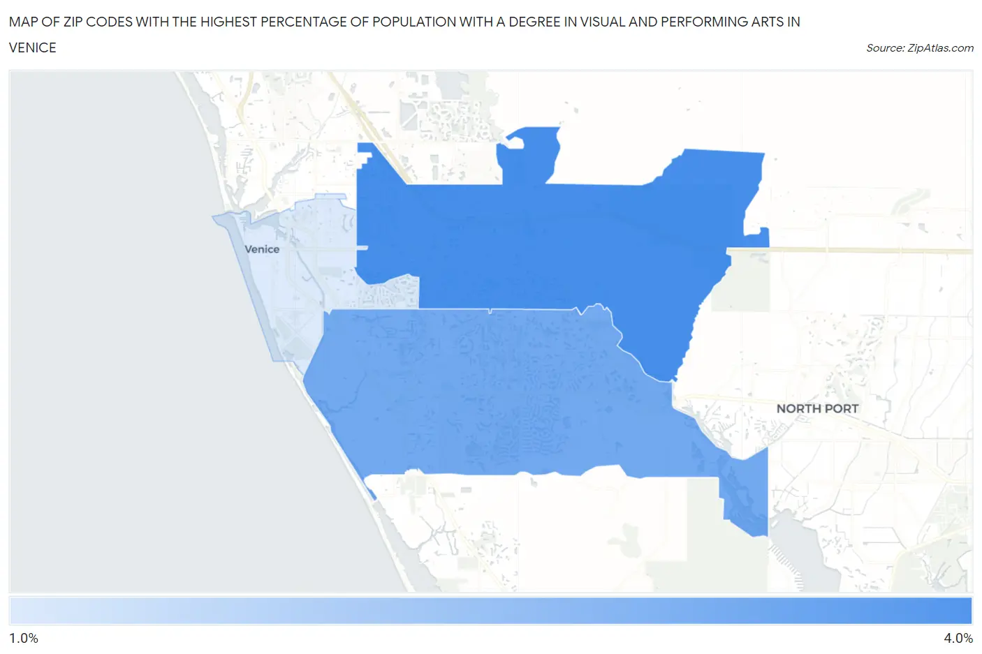 Zip Codes with the Highest Percentage of Population with a Degree in Visual and Performing Arts in Venice Map