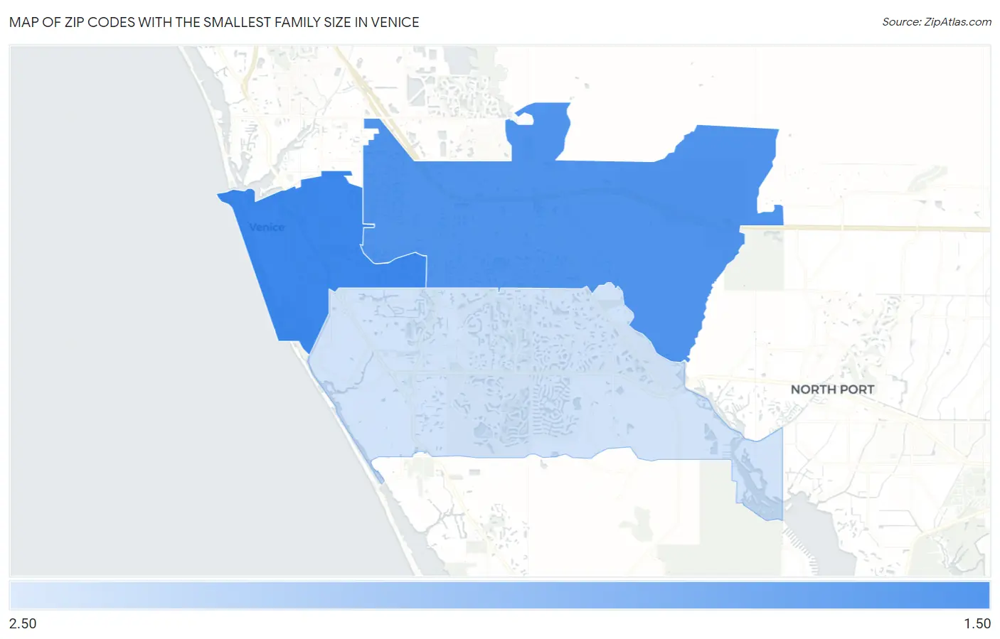 Zip Codes with the Smallest Family Size in Venice Map