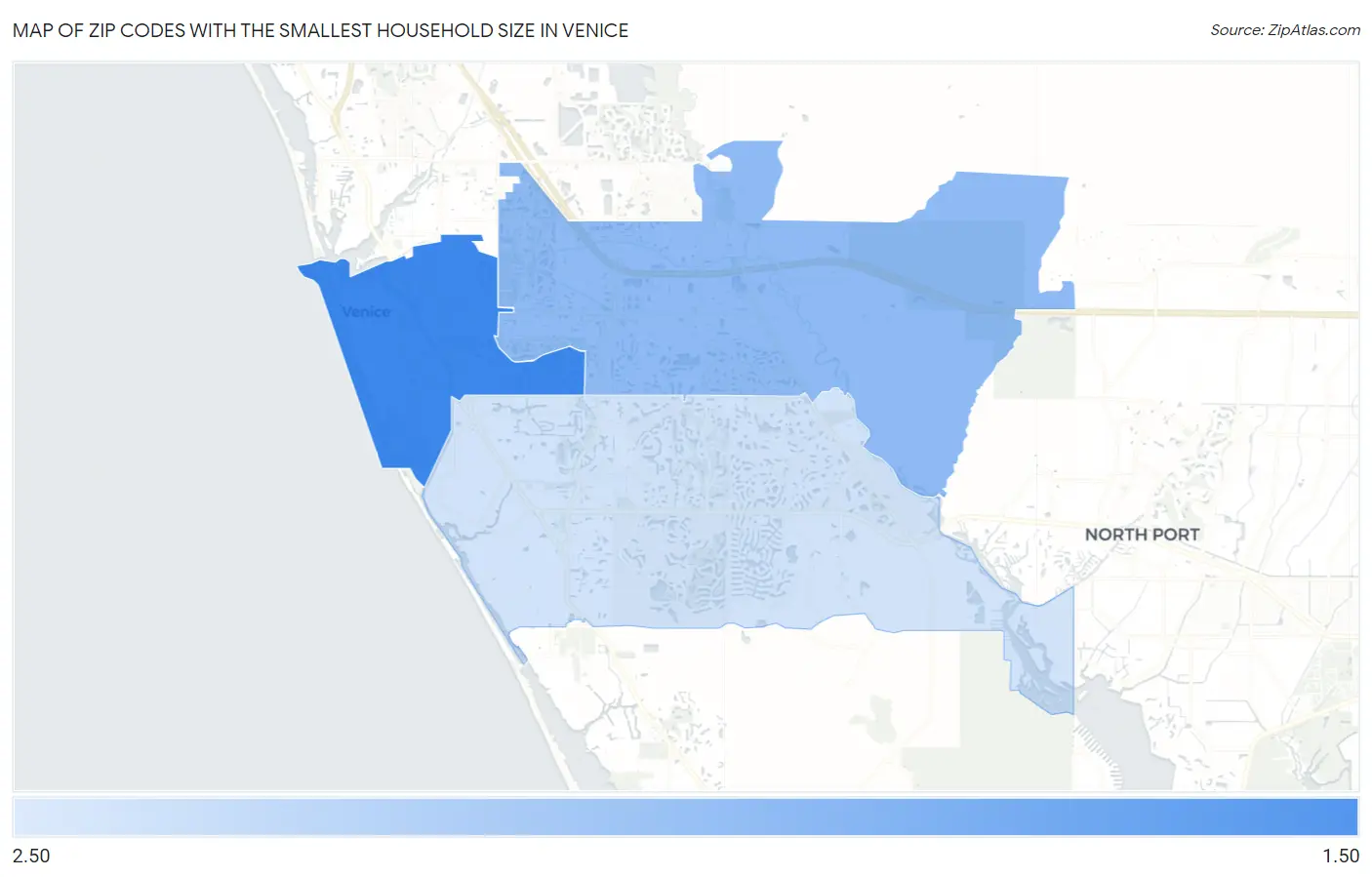Zip Codes with the Smallest Household Size in Venice Map