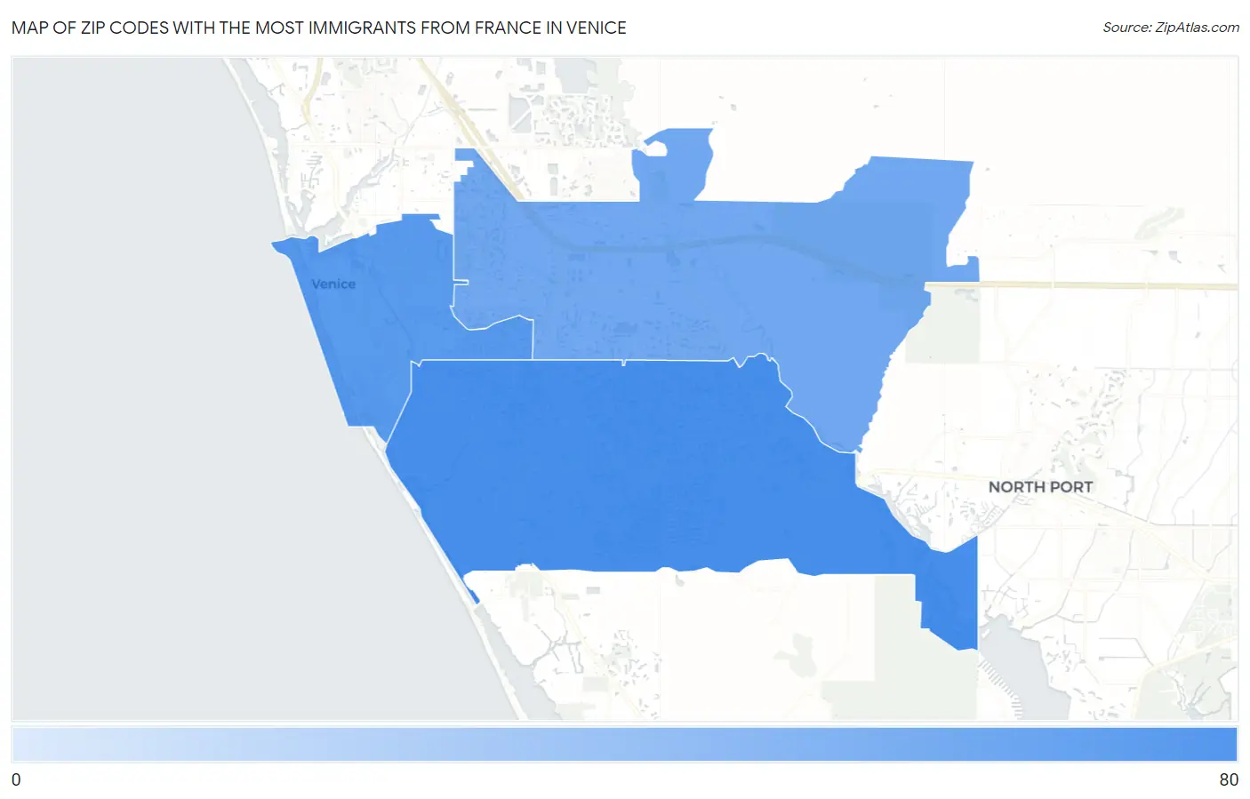 Zip Codes with the Most Immigrants from France in Venice Map