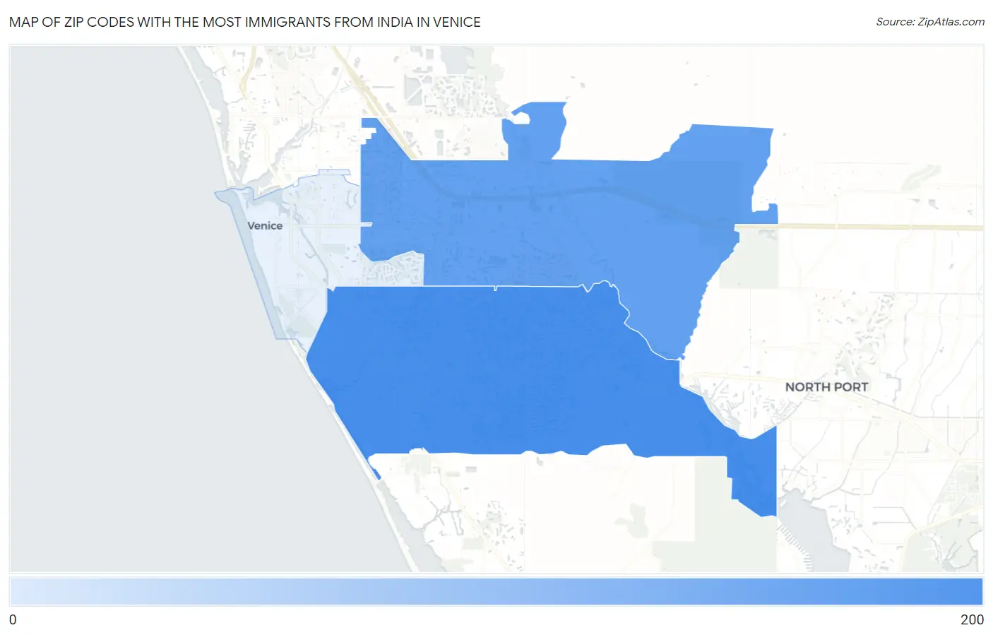 Zip Codes with the Most Immigrants from India in Venice Map