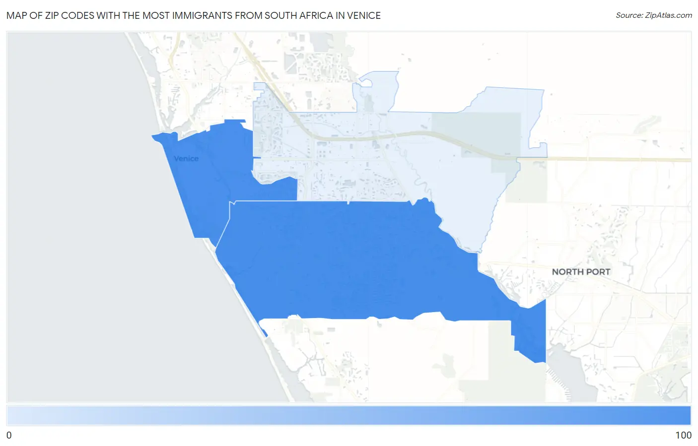 Zip Codes with the Most Immigrants from South Africa in Venice Map