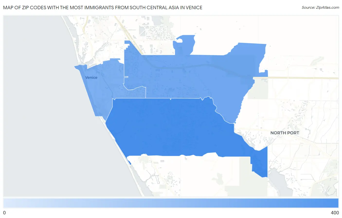 Zip Codes with the Most Immigrants from South Central Asia in Venice Map