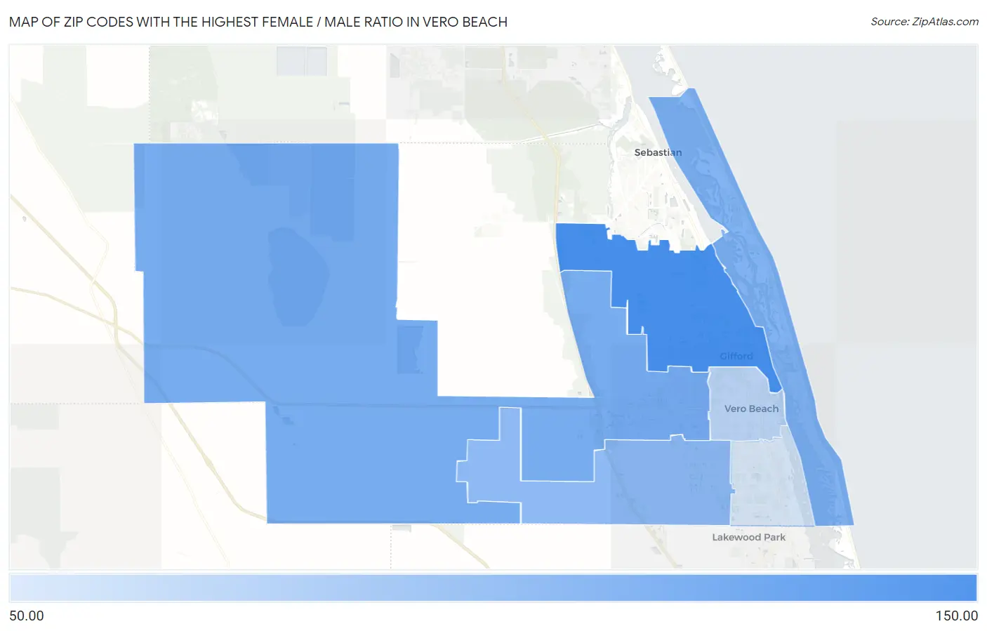 Zip Codes with the Highest Female / Male Ratio in Vero Beach Map