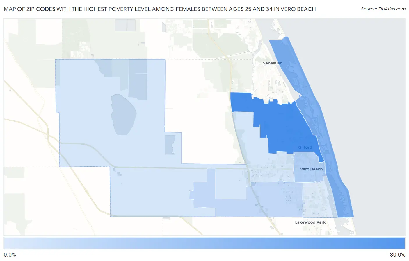 Zip Codes with the Highest Poverty Level Among Females Between Ages 25 and 34 in Vero Beach Map