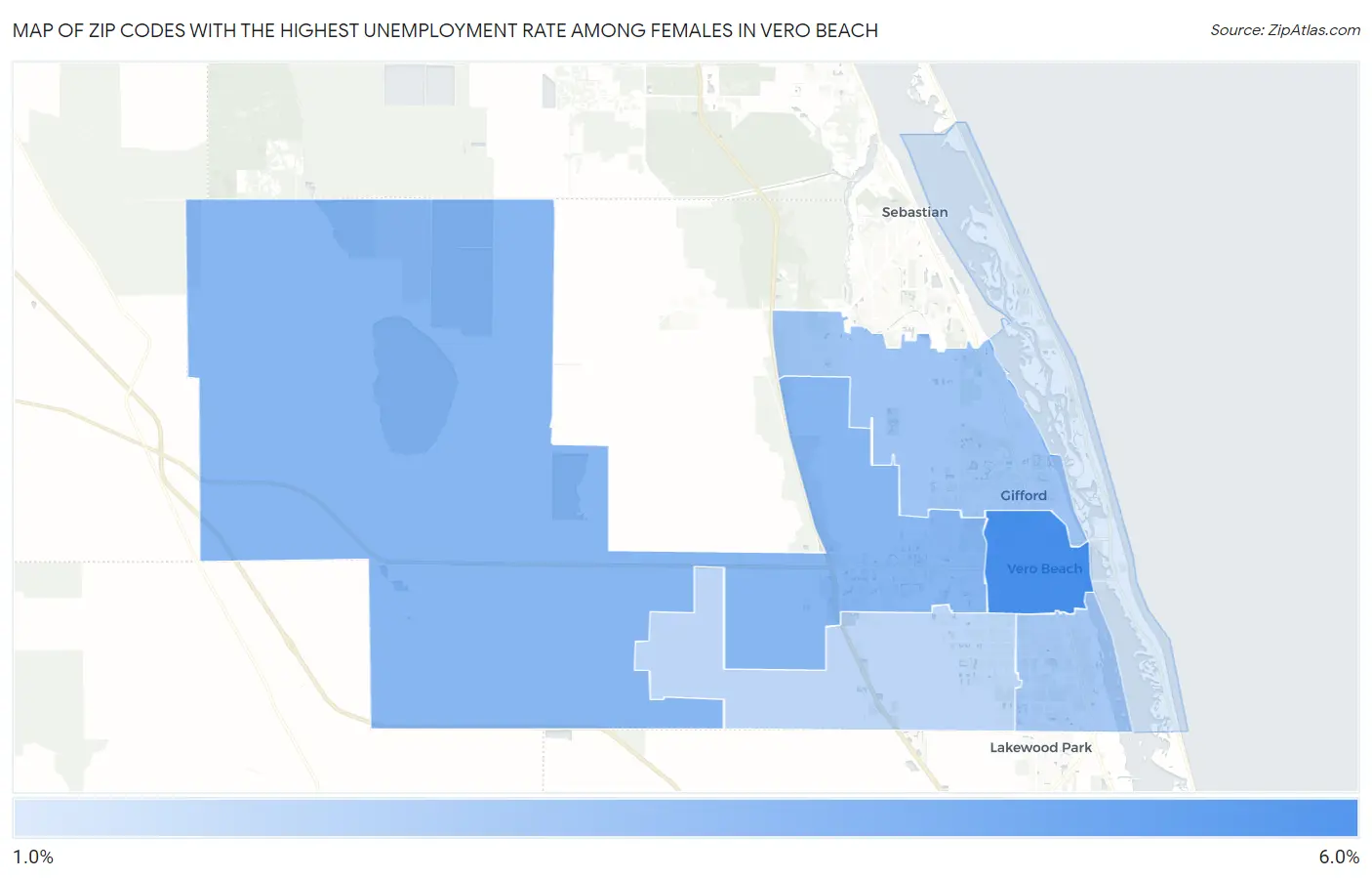 Zip Codes with the Highest Unemployment Rate Among Females in Vero Beach Map