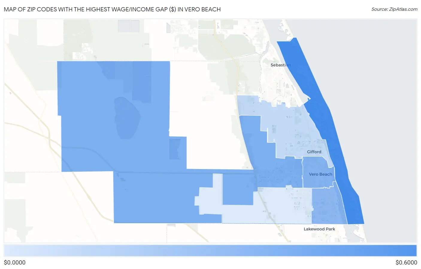 Zip Codes with the Highest Wage/Income Gap ($) in Vero Beach Map