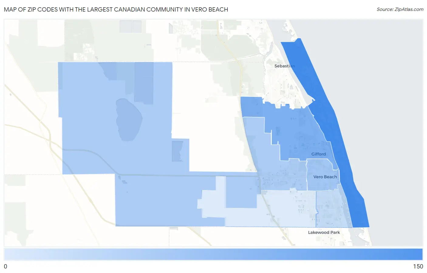 Zip Codes with the Largest Canadian Community in Vero Beach Map