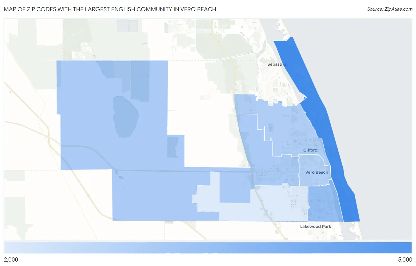 Zip Codes with the Largest English Community in Vero Beach Map