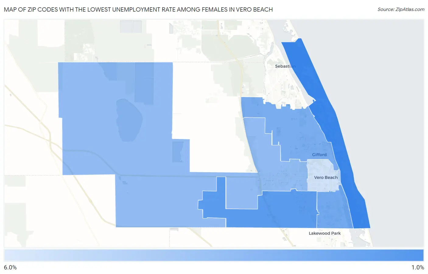 Zip Codes with the Lowest Unemployment Rate Among Females in Vero Beach Map