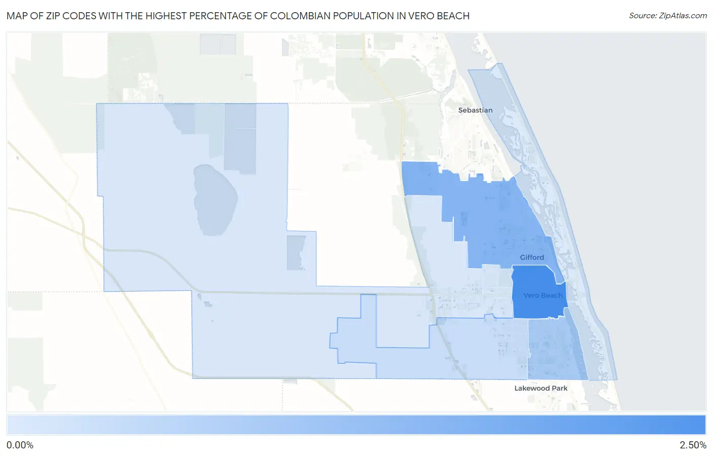 Zip Codes with the Highest Percentage of Colombian Population in Vero Beach Map