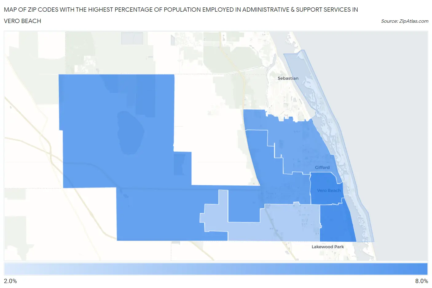 Zip Codes with the Highest Percentage of Population Employed in Administrative & Support Services in Vero Beach Map