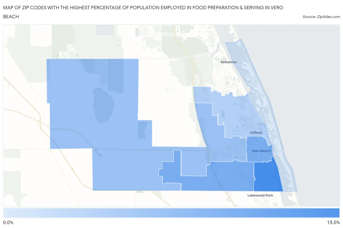 Zip Codes with the Highest Percentage of Population Employed in Food Preparation & Serving in Vero Beach Map